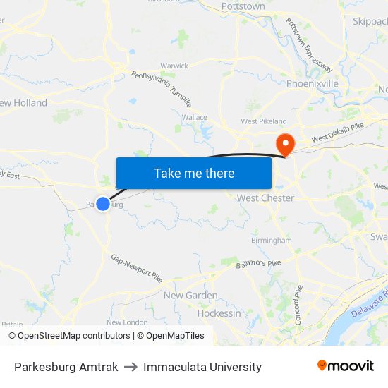 Parkesburg Amtrak to Immaculata University map