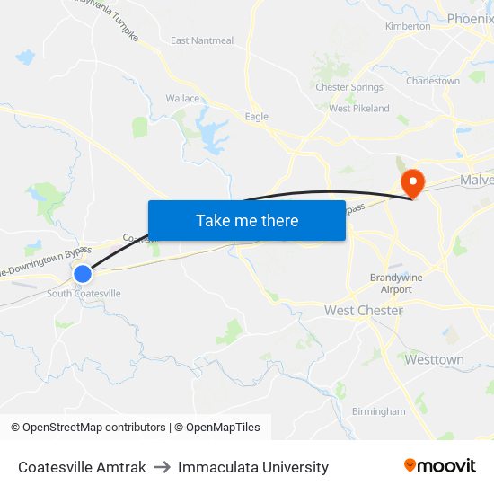 Coatesville Amtrak to Immaculata University map