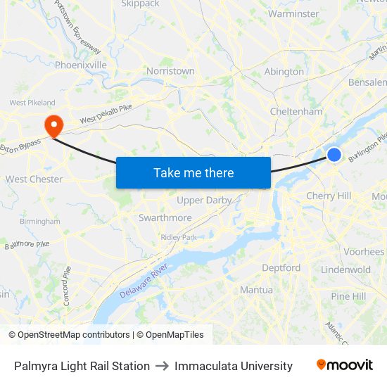 Palmyra Light Rail Station to Immaculata University map