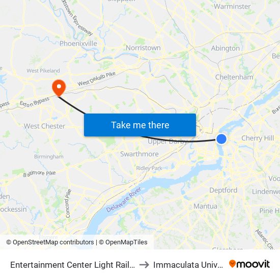 Entertainment Center Light Rail Station to Immaculata University map