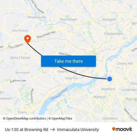 Us-130 at Browning Rd to Immaculata University map