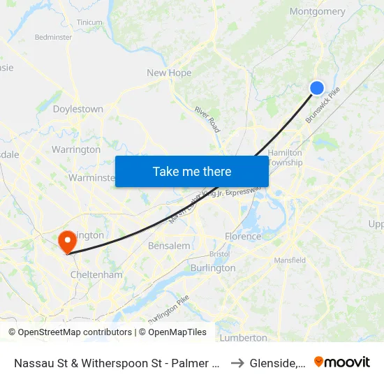 Nassau St & Witherspoon St - Palmer Square to Glenside, PA map