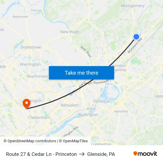 Route 27 & Cedar Ln - Princeton to Glenside, PA map