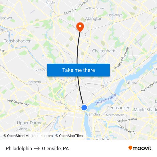 Philadelphia to Glenside, PA map