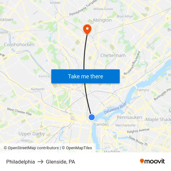 Philadelphia Bus Station to Glenside, PA map