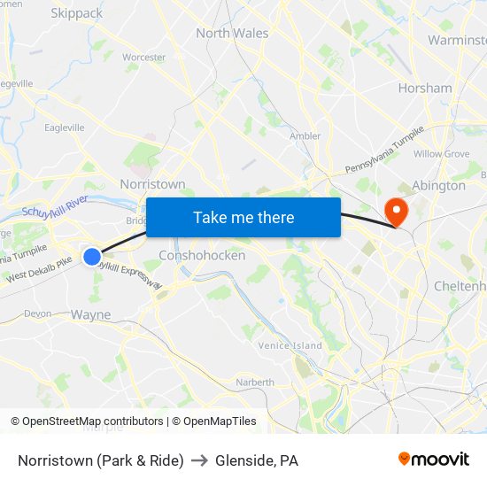 Norristown (Park & Ride) to Glenside, PA map