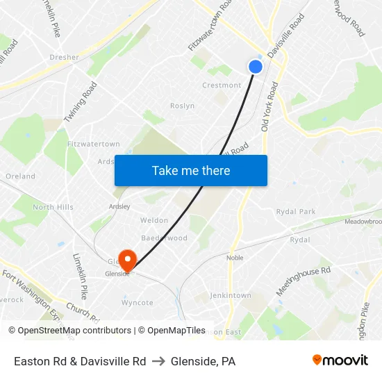 Easton Rd & Davisville Rd to Glenside, PA map