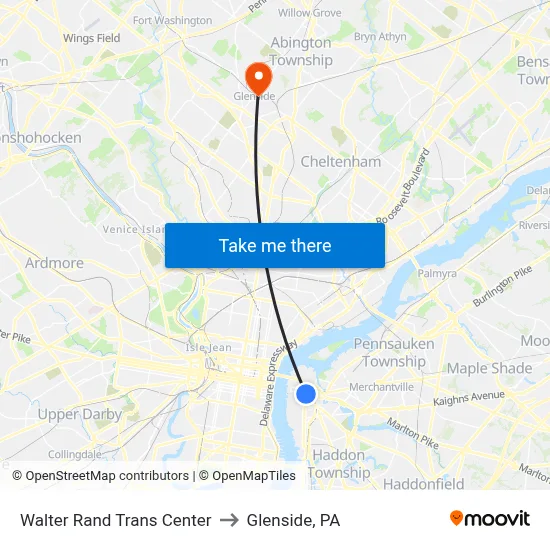 Walter Rand Trans Center to Glenside, PA map