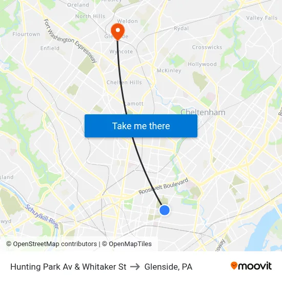 Hunting Park Av & Whitaker St to Glenside, PA map
