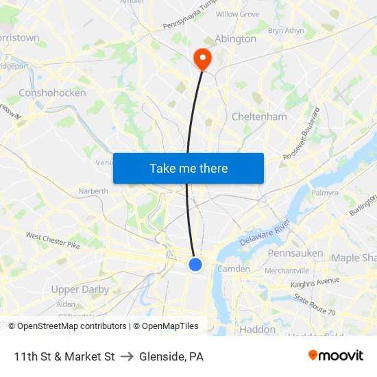 11th St & Market St to Glenside, PA map