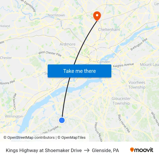 Kings Highway at Shoemaker Drive to Glenside, PA map