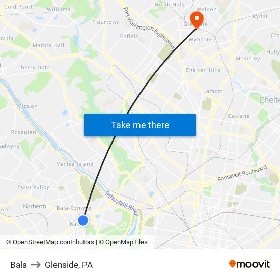 Bala to Glenside, PA map