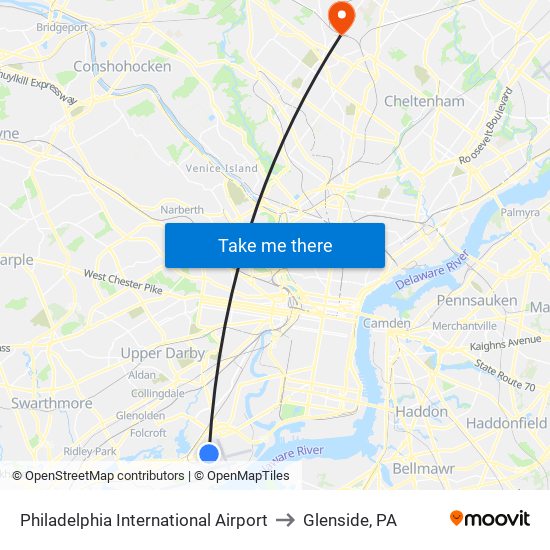 Philadelphia International Airport to Glenside, PA map