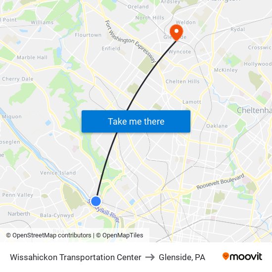 Wissahickon Transportation Center to Glenside, PA map
