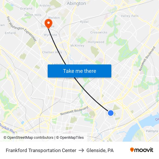 Frankford Transportation Center to Glenside, PA map