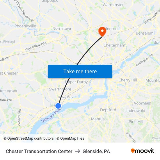 Chester Transportation Center to Glenside, PA map