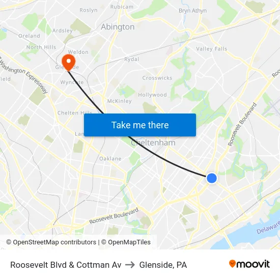 Roosevelt Blvd & Cottman Av to Glenside, PA map