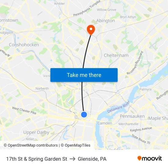 17th St & Spring Garden St to Glenside, PA map