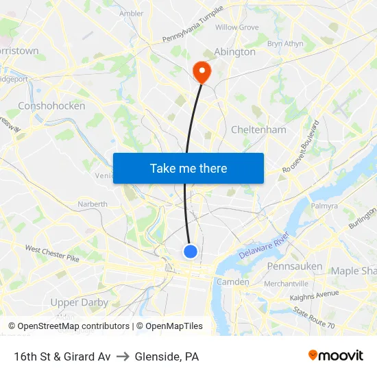 16th St & Girard Av to Glenside, PA map