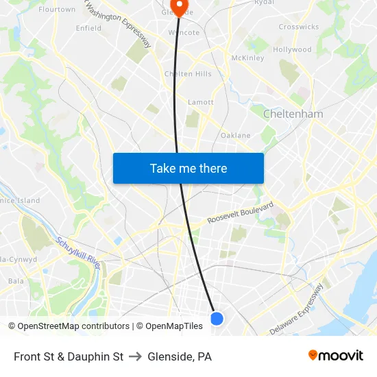 Front St & Dauphin St to Glenside, PA map