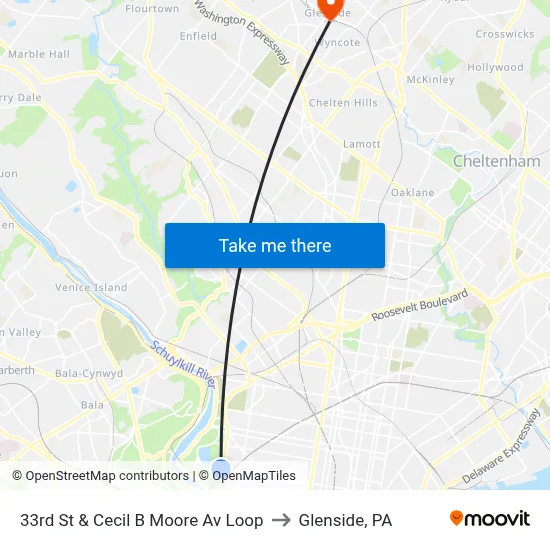 33rd St & Cecil B Moore Av Loop to Glenside, PA map