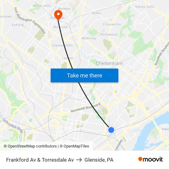 Frankford Av & Torresdale Av to Glenside, PA map