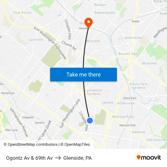 Ogontz Av & 69th Av to Glenside, PA map