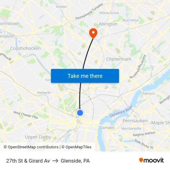27th St & Girard Av to Glenside, PA map