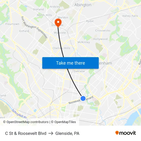 C St & Roosevelt Blvd to Glenside, PA map