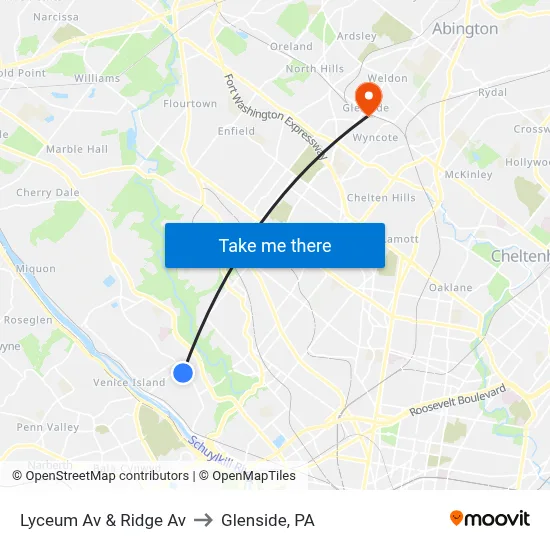 Lyceum Av & Ridge Av to Glenside, PA map
