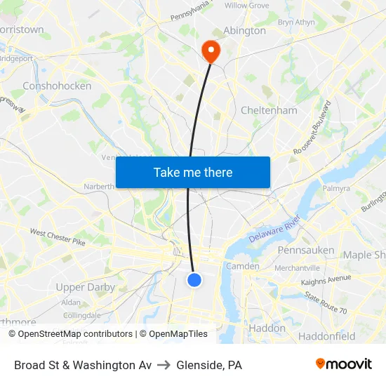 Broad St & Washington Av to Glenside, PA map