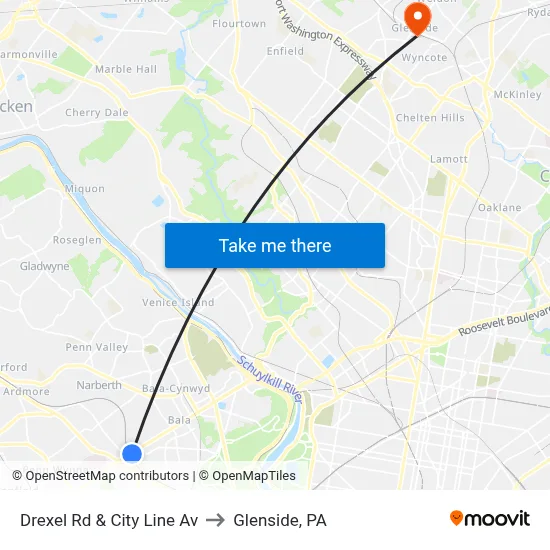 Drexel Rd & City Line Av to Glenside, PA map