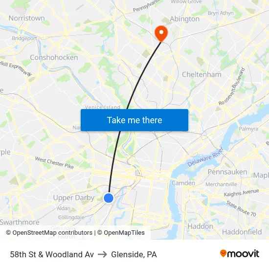 58th St & Woodland Av to Glenside, PA map