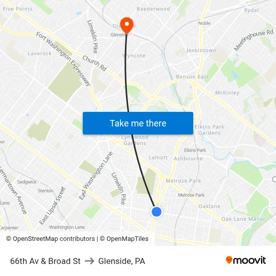 66th Av & Broad St to Glenside, PA map