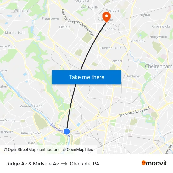 Ridge Av & Midvale Av to Glenside, PA map