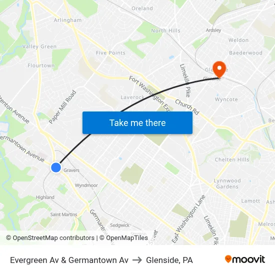 Evergreen Av & Germantown Av to Glenside, PA map