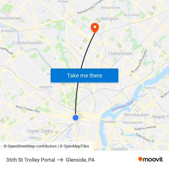 36th St Trolley Portal to Glenside, PA map