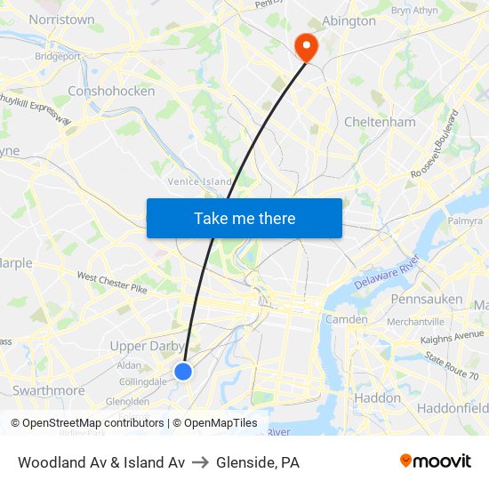 Woodland Av & Island Av to Glenside, PA map