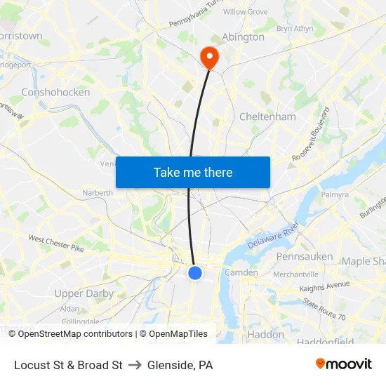 Locust St & Broad St to Glenside, PA map