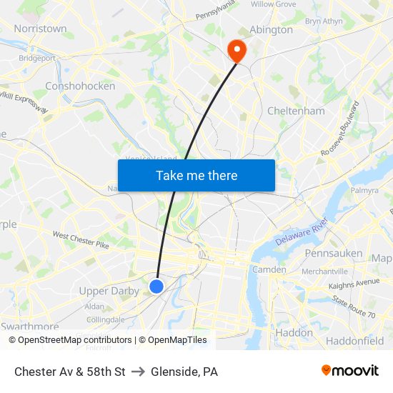 Chester Av & 58th St to Glenside, PA map