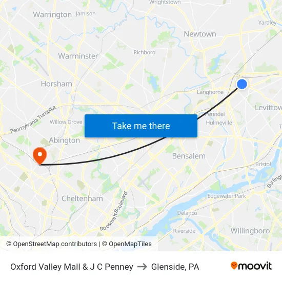 Oxford Valley Mall & J C Penney to Glenside, PA map