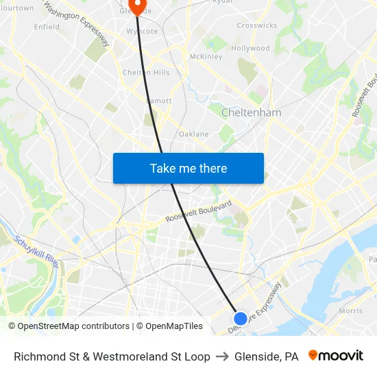 Richmond St & Westmoreland St Loop to Glenside, PA map
