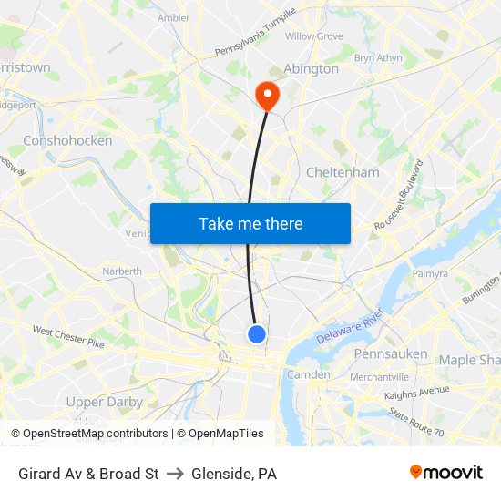 Girard Av & Broad St to Glenside, PA map