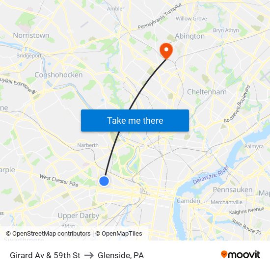 Girard Av & 59th St to Glenside, PA map