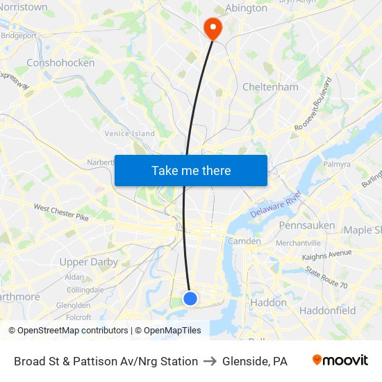 Broad St & Pattison Av/Nrg Station to Glenside, PA map