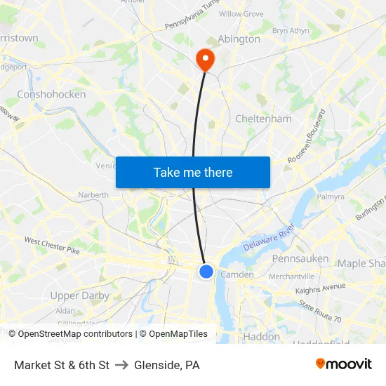 Market St & 6th St to Glenside, PA map