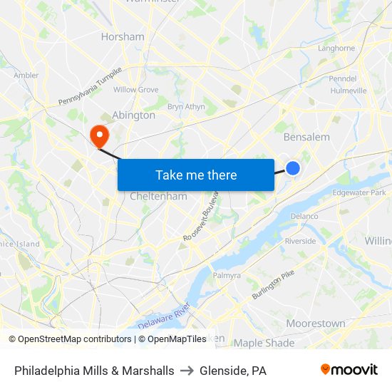 Philadelphia Mills & Marshalls to Glenside, PA map