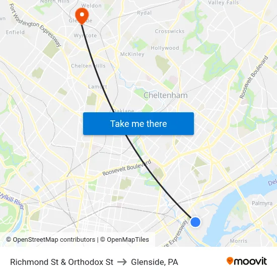 Richmond St & Orthodox St to Glenside, PA map