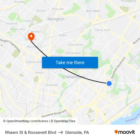 Rhawn St & Roosevelt Blvd to Glenside, PA map