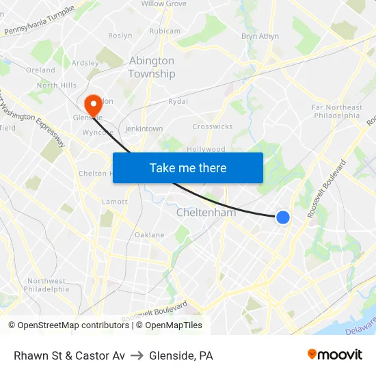 Rhawn St & Castor Av to Glenside, PA map